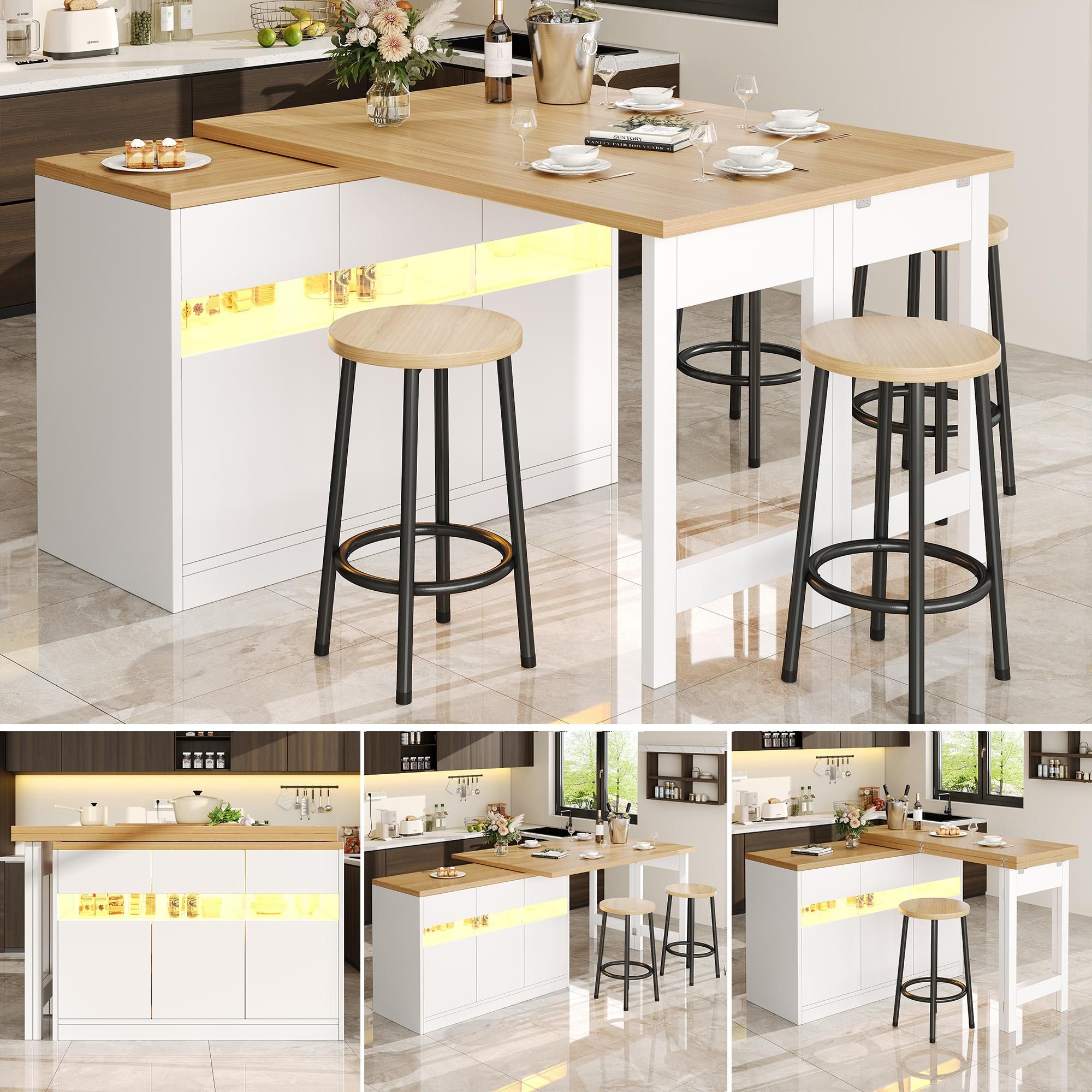 Flieks Ausziehbarer Bartisch mit Led, Drehbare Esstisch mit Schrank, Küchentisch Esszimmertisch 360° drehbar, 120-180x40x71.5cm, Weiß