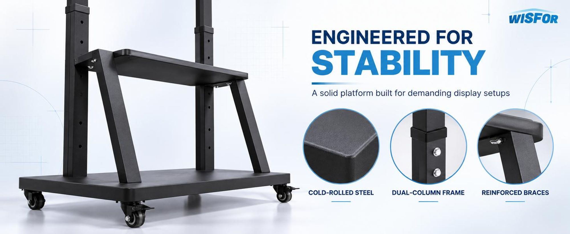 WISFOR EXTRA STABIL TV Ständer mit Rollen, 100" TV Standfuss Mobil Wagen, Höhenverstellbar Fernsehständer mit AV-Ablagen für 32"–100"