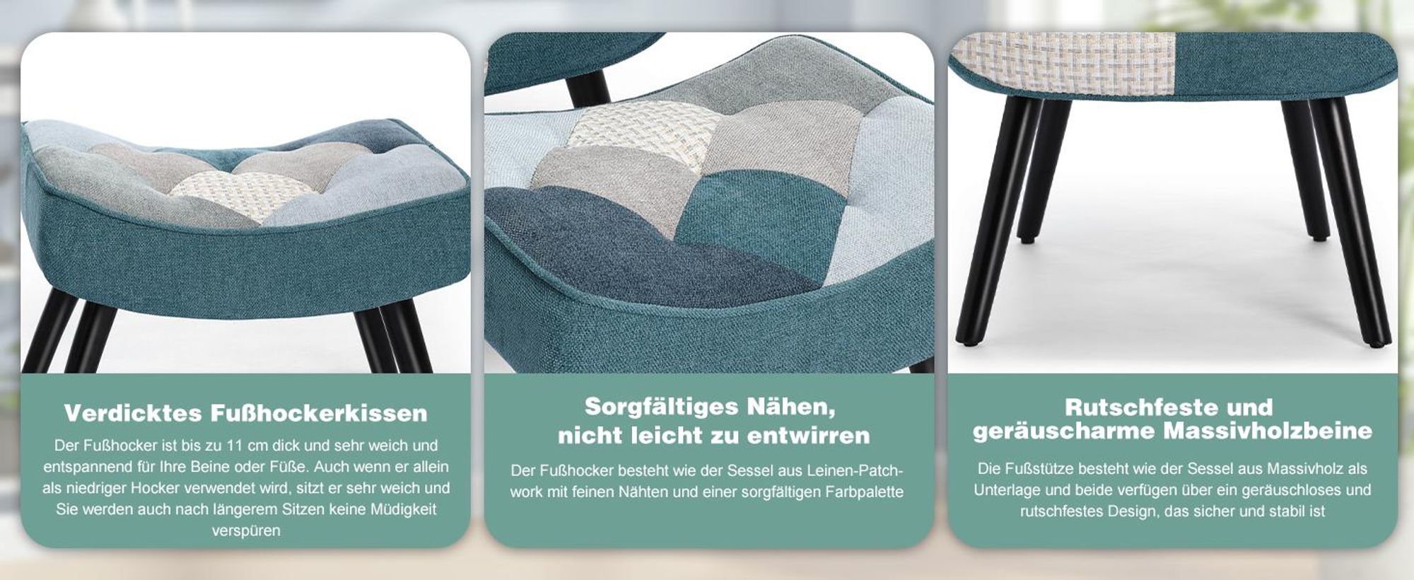 Patchwork Ohrensessel mit Hocker Massivholzbeine Lendenstützkissen, Leinenstoff und ergonomisches Design, für Wohnzimmer und Schlafzimmer, Blau