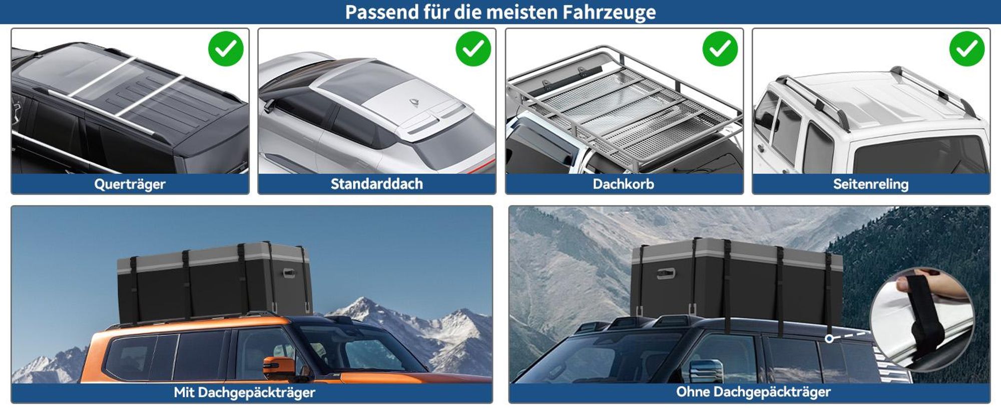 Puluomis Dachbox 410L faltbar wasserdicht mit Türhaken, Schloss, 8 robuste Gurte, rutschfeste Matte, 500D PVC für alle Fahrzeuge mit/ohne Dachträger