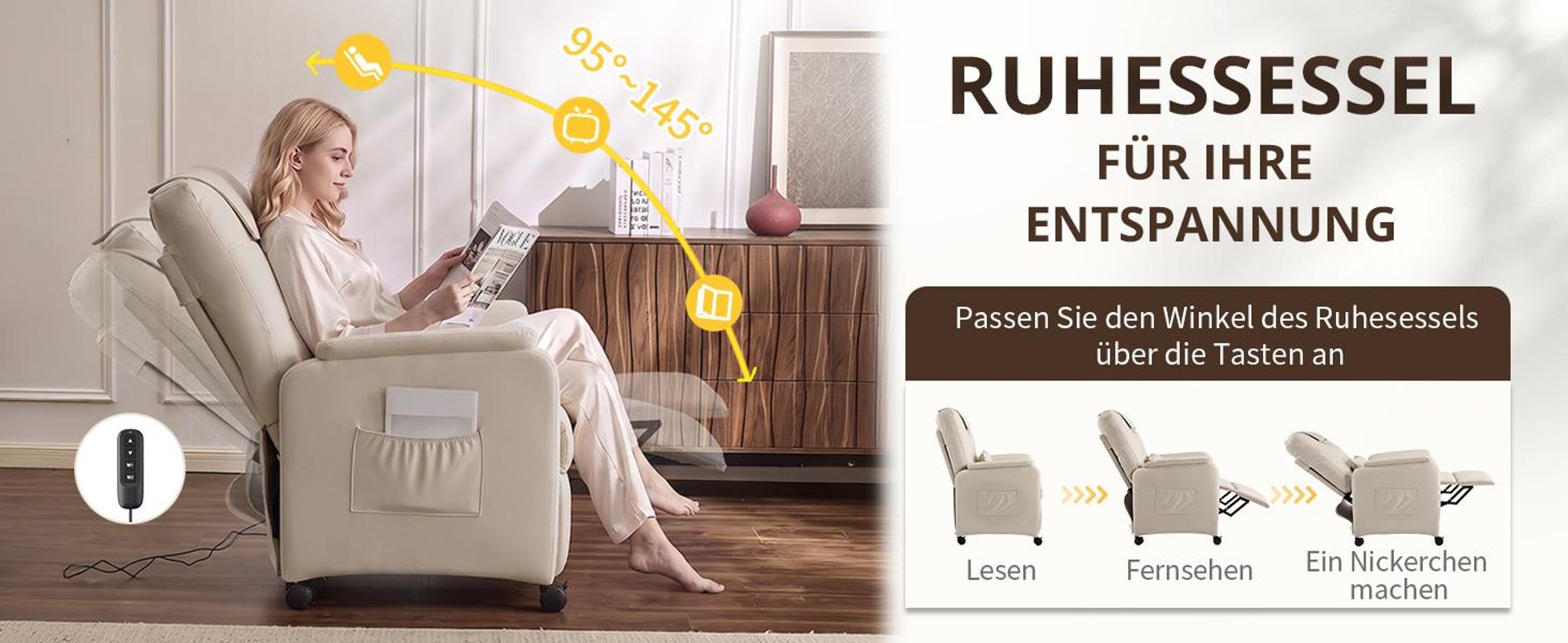 Elektrisch Massagesessel,Fernsehsessel Ruhesessel mit Massagefunktion, Wärmefunktion, 4 Rädern, Cremeweiß