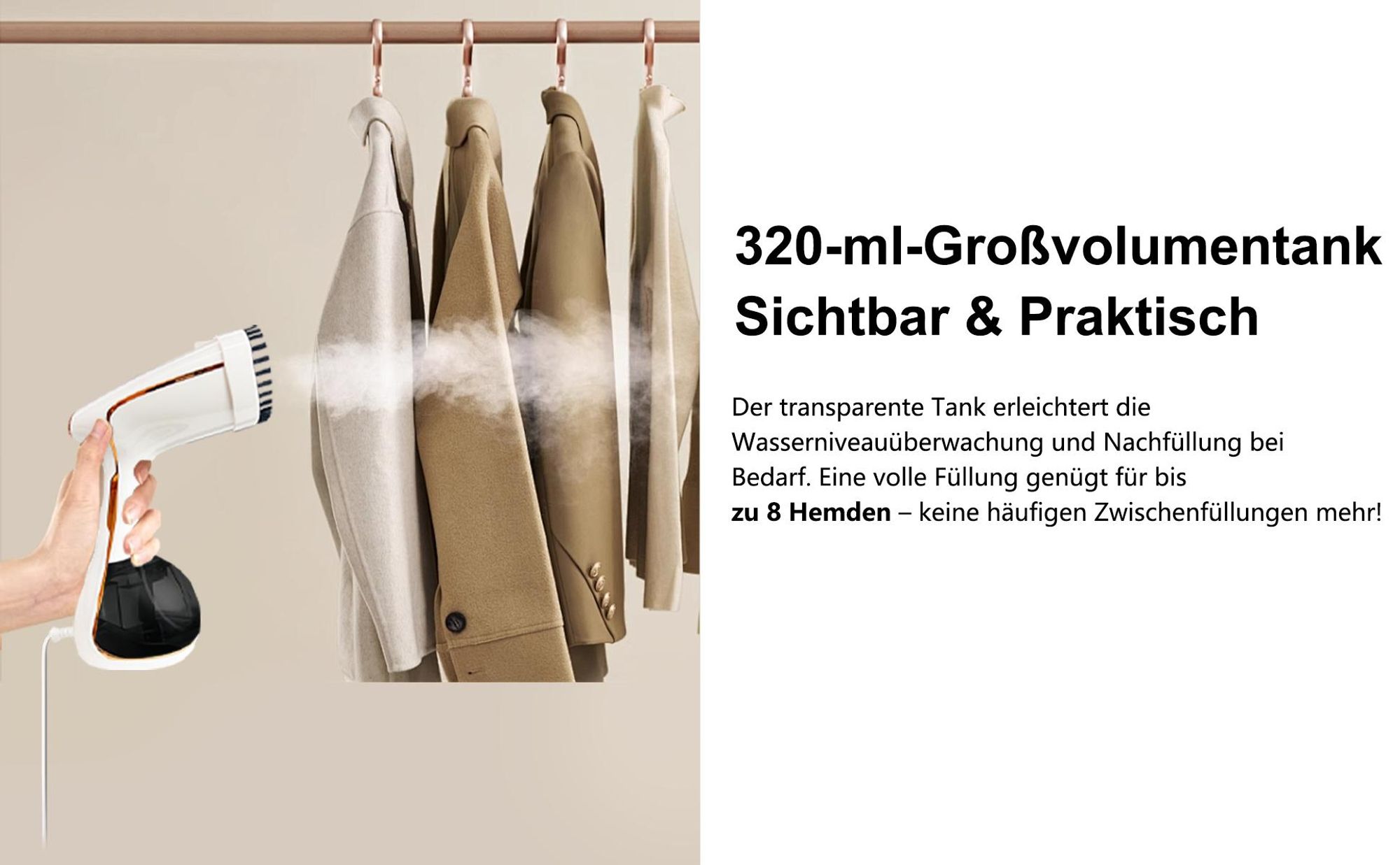 2-in-1 Dampfglätter & Reisebügeleisen 1780W, Tragbare Dampfbürste (20s Schnellaufheizung, 320ml, 30g/min, 3 Stufen) mit Abschaltautomatik, Weiß