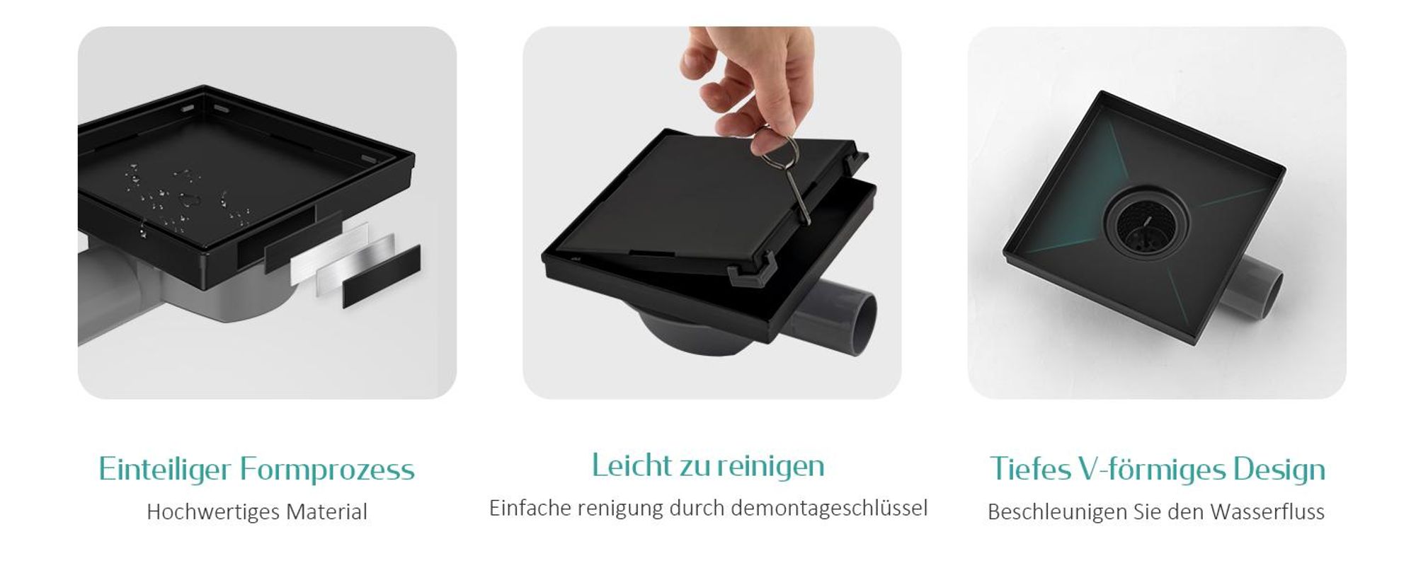 EMKE Bodenablauf Edelstahl Eck 152 x 152mm Mattschwarz Ablaufgarnitur mit Siphon Geruchsstop und Haarsieb, Duschablauf Abfluss Ablaufloch set