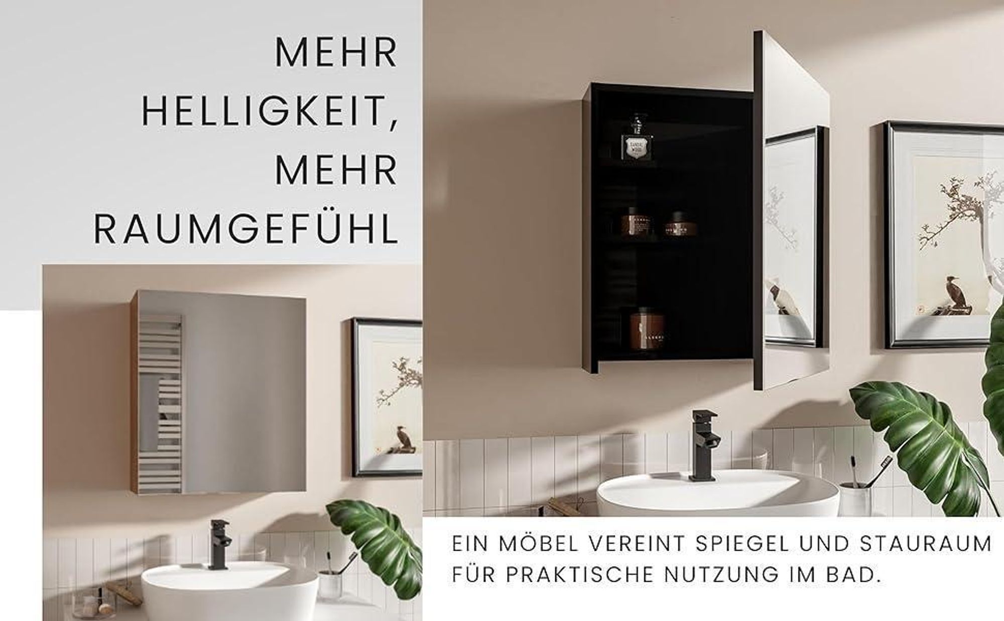 HAJDUK FURNITURE Spiegelschrank Bad 50x60 cm Schwarz Badschrank mit Spiegel Ablage und Griffloser Öffnung Hängeschrank Badezimmerspiegel Hängend