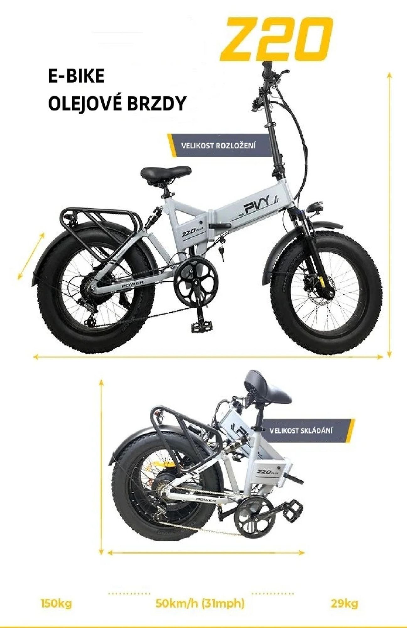 Elektrokolo PVY Z20 Plus 1000 - 250W motor 48V16.5AH baterie 120KM dojezd hydraulické kotoučové brzdy - šedá