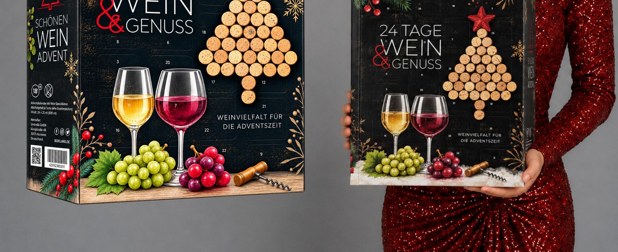 BOXILAND®: Calendario dell'Avvento con vino 2026, 24 bottiglie da 0,25 l, assortimento di vini rossi, bianchi e rosati