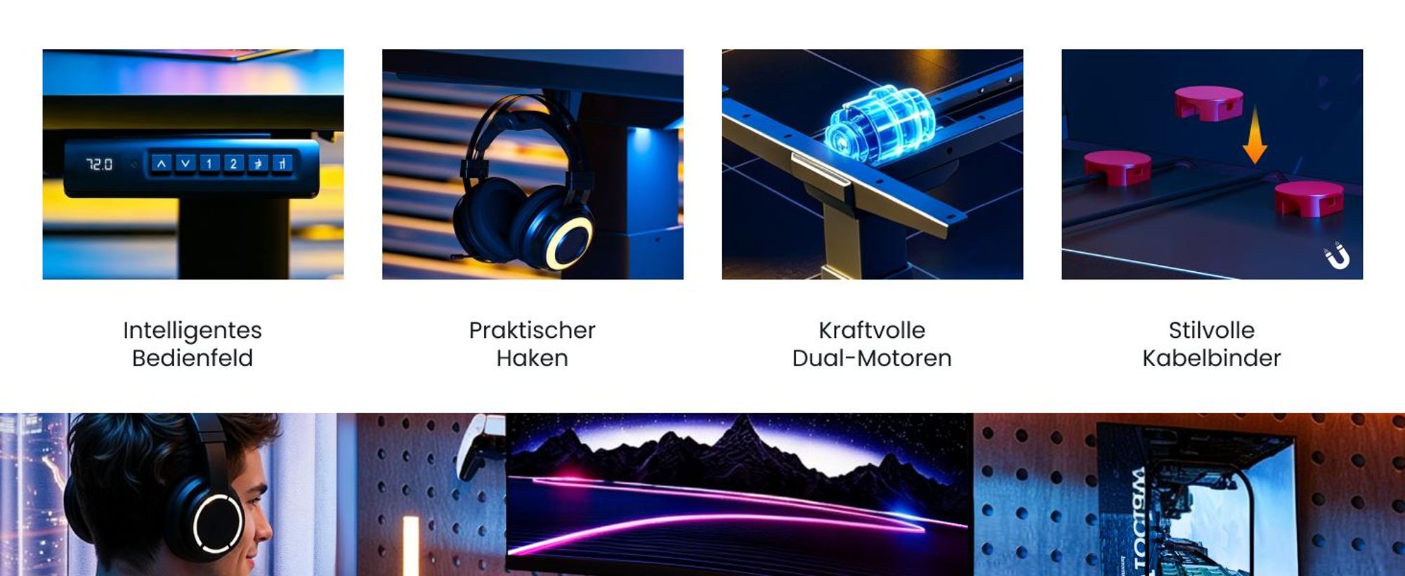 FLEXISPOT Gaming Schreibtisch Höhenverstellbar 120x70 cm, Dual-Motor, LED Beleuchtung, Kabelmanagement, 120KG Tragkraft, 5-Schicht Oberfläche, Schwarz