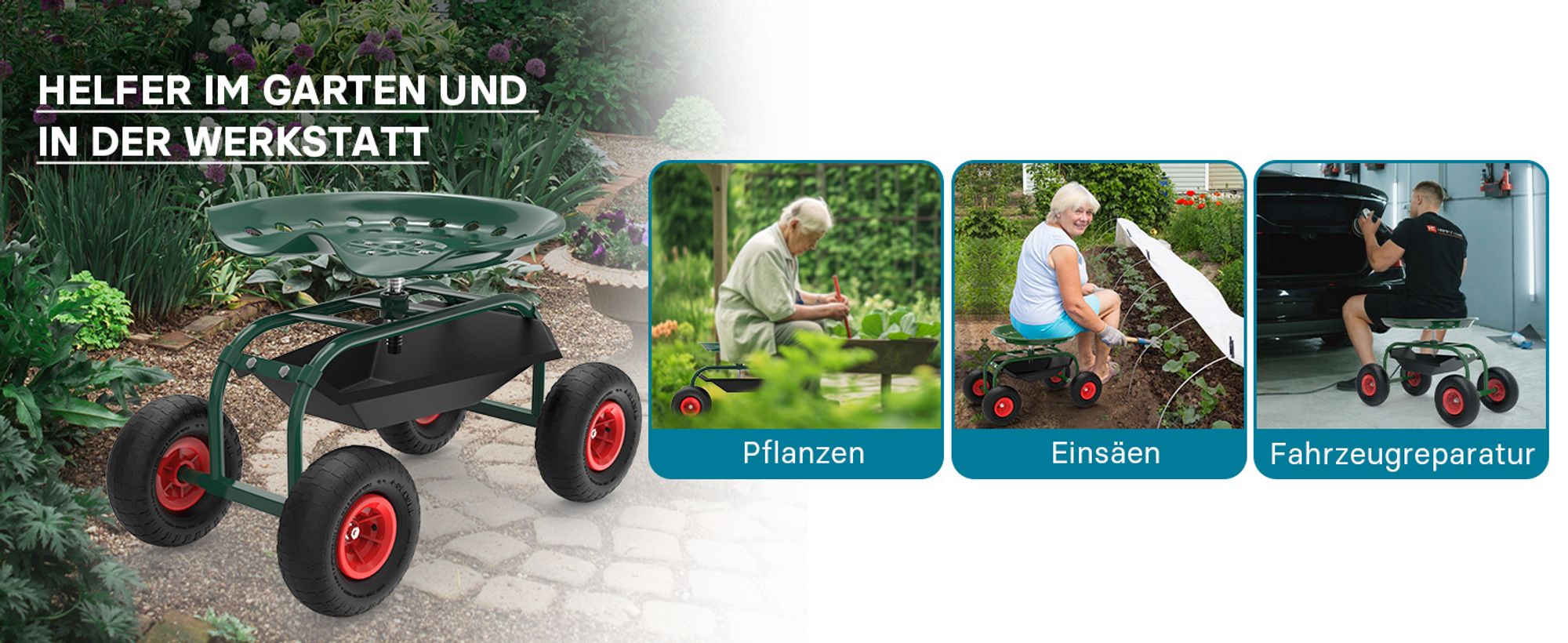 Wiltec Gartenwagen mit Ablagefläche bis 150kg Gartenhocker mit Reifen Gartentrolley für Gartenarbeit Werkstattwagen Rollwagen Arbeitssitz Gartensitz fahrbar