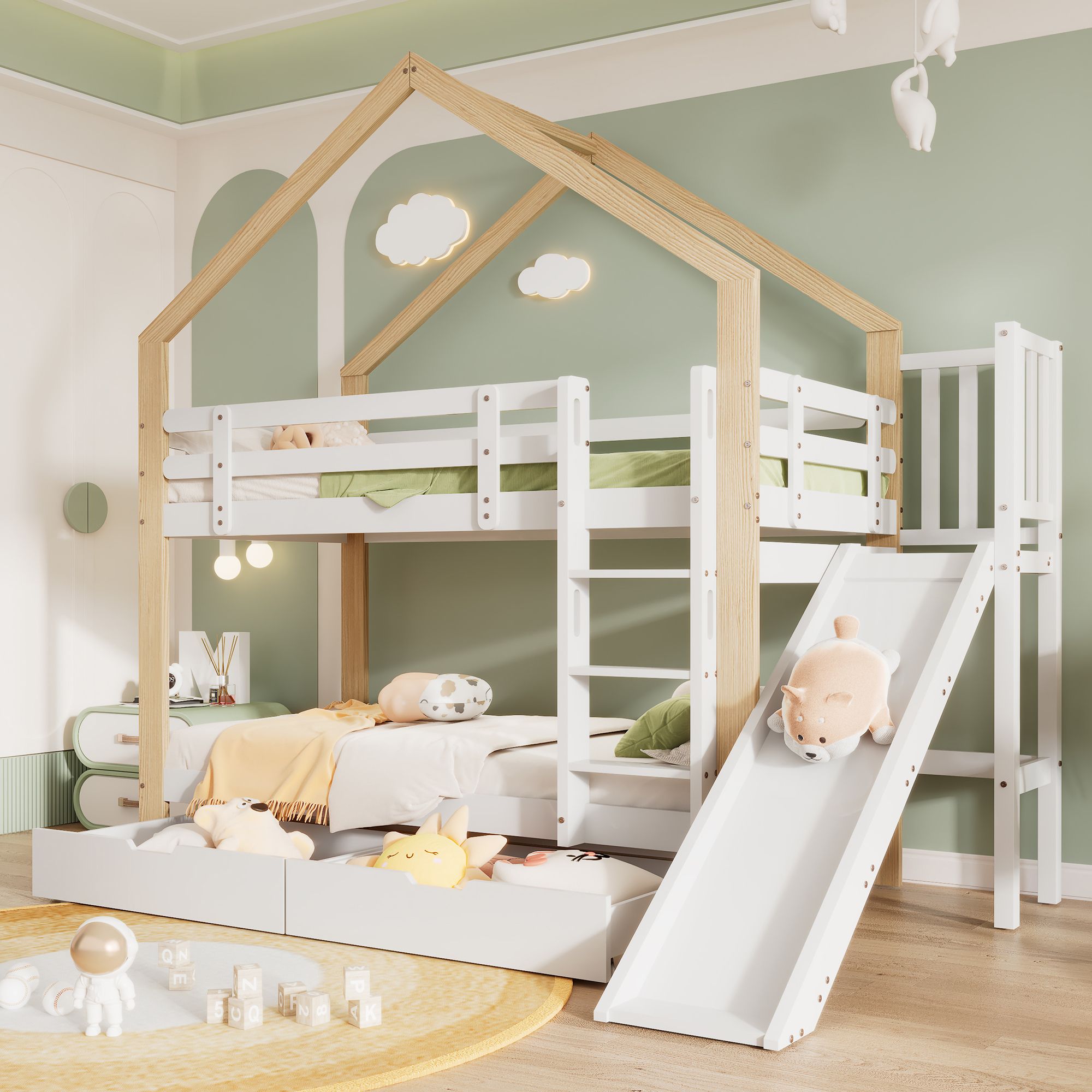 Flieks Etagenbett mit Rausfallschutz, Kinderbett mit Rutsche und Leiter, Hochbett mit 2 Schubladen, Hausbett Massivholzbett Stockbett 90x200cm, Weiß