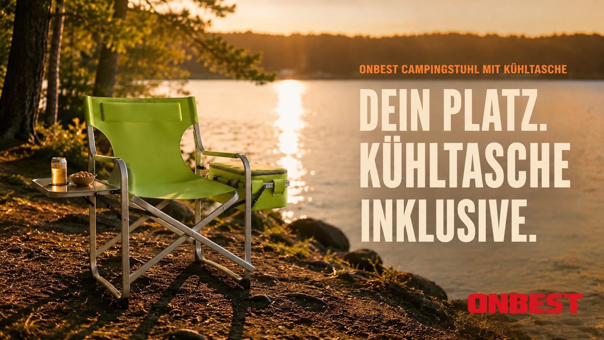 ONBEST Campingstuhl | mit 16L Kühltasche | Seitentisch | 150 kg | Getränkehalter | Oxford 600D*300D Gewebe