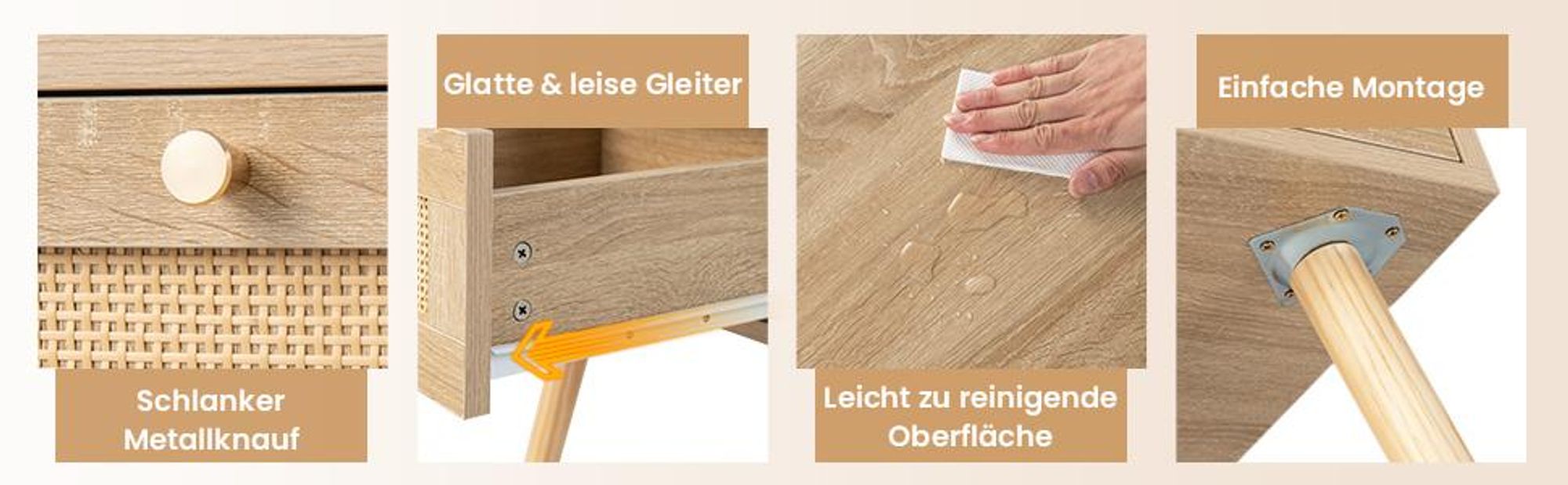 COSTWAY Nachttisch mit Schublade, Beistelltisch mit Rattan-Design, Nachtkommode, Nachtkonsole, Sofatisch für Schlafzimmer, Wohnzimmer, Eiche, 40 x 40 x 55 cm