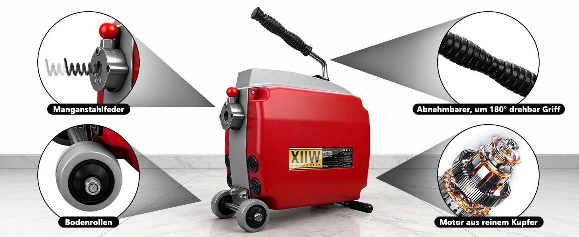 1250W Stark Rohrreinigungsspirale mit Rollen, 17.5m x Ø22mm Manganstahl Spirale, Abflussreiniger Rohrreiniger - Rohrreinigung von Rohren Ø20–200mm
