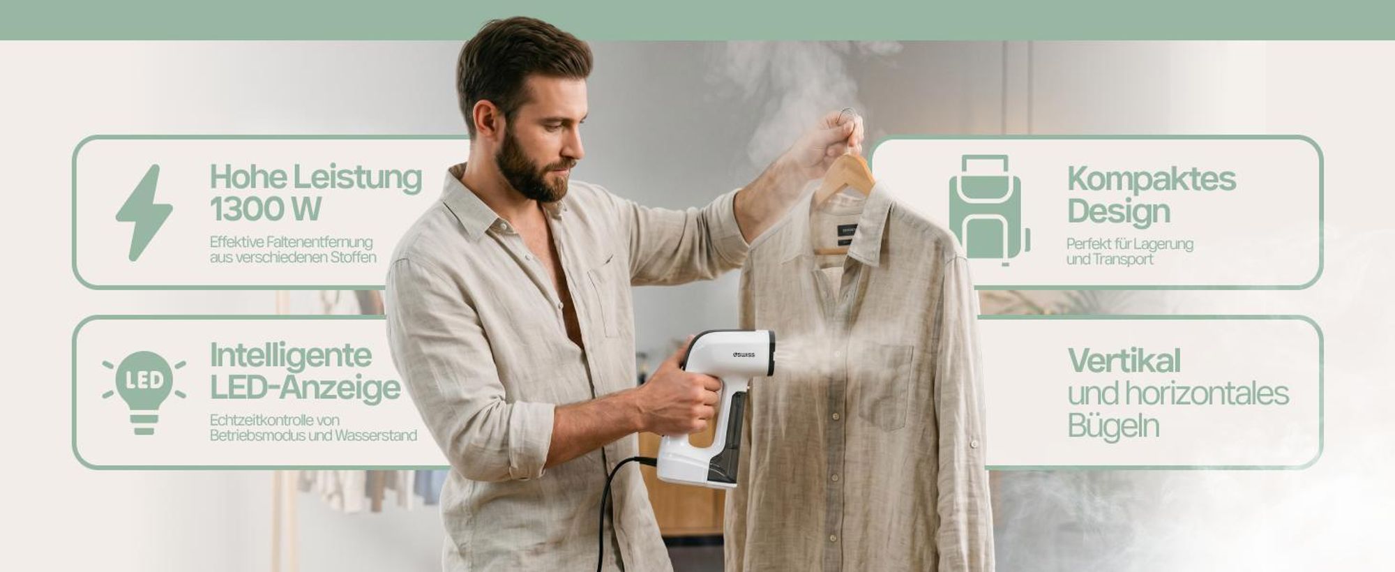 4Swiss VS026 DuoSteam Premium Dampfbürste Dampfglätter Steamer 1300 W Vakuumfunktion Reisebügeleisen Vertikal Horizontal Trockenbügeln 2in1 Anti-Kalk