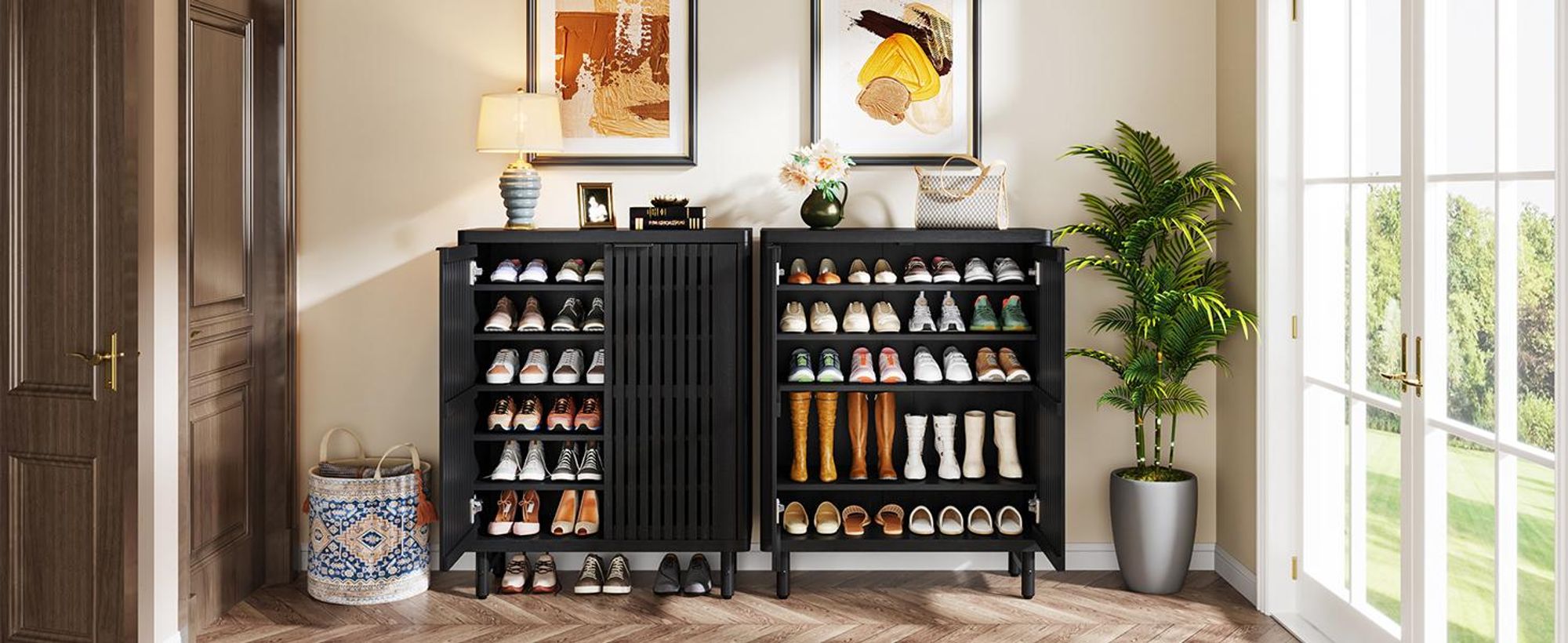 Tribesigns Schuhschrank mit Rolltüren, 6-stöckig im Landhausstil, Schuhregal aus Holz mit verstellbaren Regalen, für Eingangsbereich, Flur, schwarz