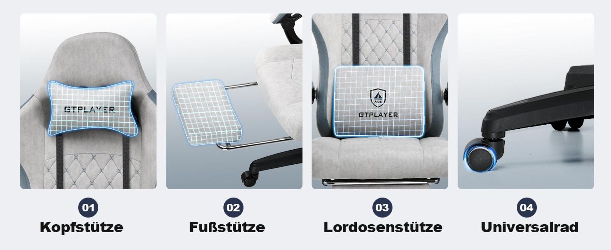 GTPLAYER Herné kreslo Ergonomické herné kreslo Stolová stolička PC Gamer Racing Chair s látkovým povrchom, pružinovým sedákom, spojovacími podrúčkami, s opierkou na nohy s nosnosťou do 153 kg Sivá