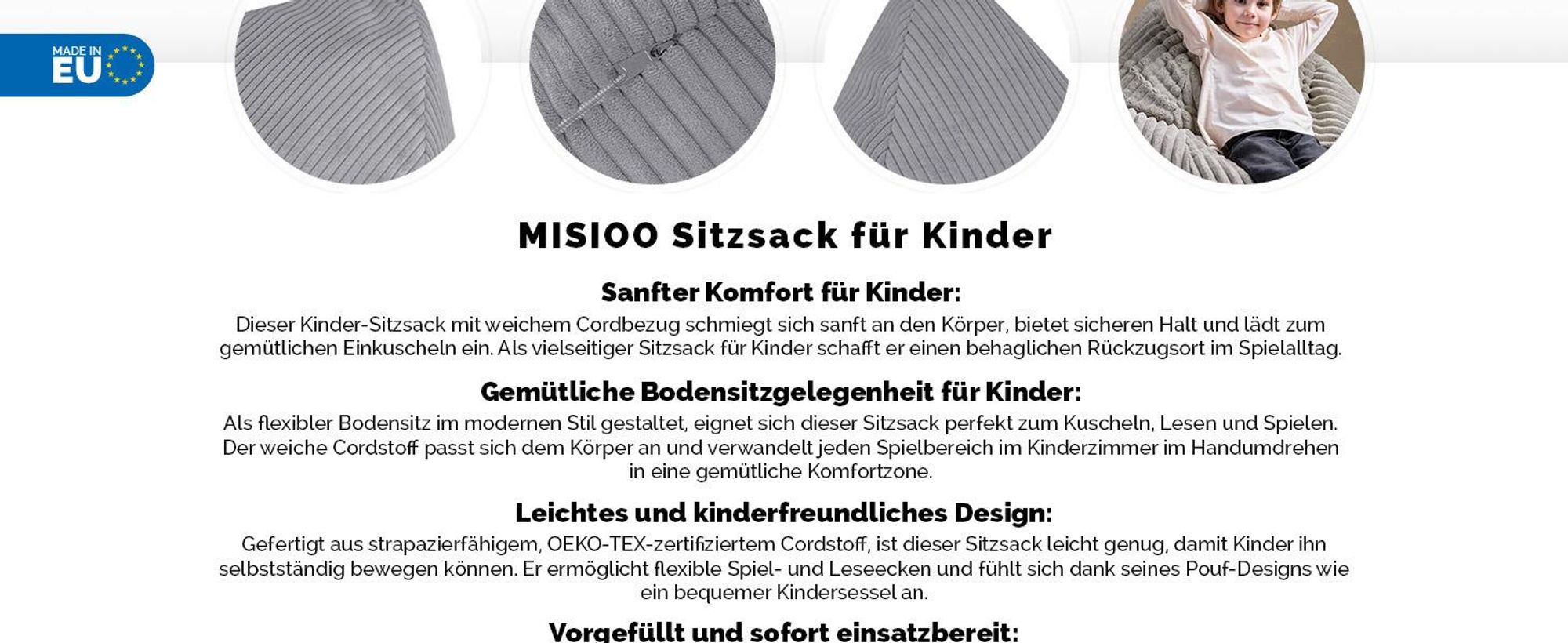 MISIOO Kinder Sitzsack Premium - Ergonomischer - Ab 12 Monaten - Bequeme Sitzsäcke fürs Kinderzimmer - Sitzsack mit Leichter Styroporfüllung