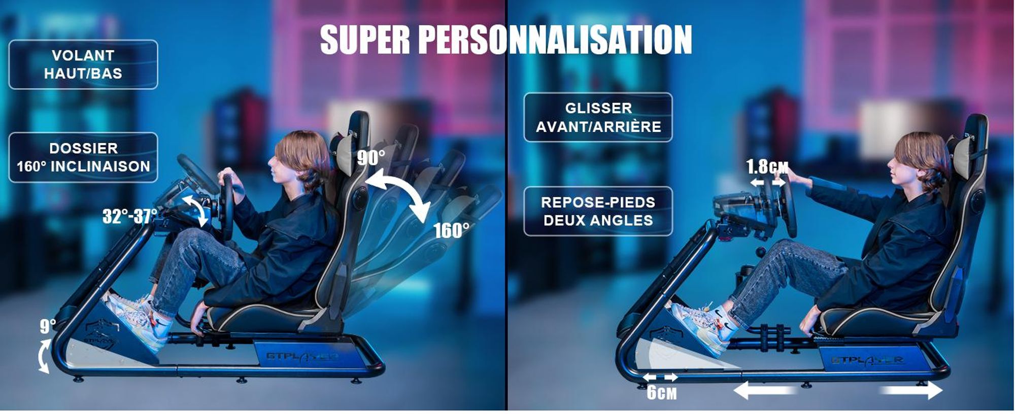 GTPLAYER simulateur de cockpit, SIM racing cockpit, simulateur de course support de volant fauteuil gaming racing wheel stand avec haut-parleur bluetooth et repose pédale