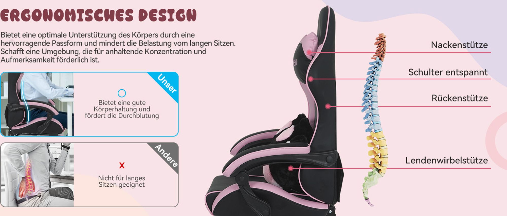 Puluomis Gaming Stuhl mit Fußstütze, Bürostuhl Chefsessel Schreibtischstuhl Racing Stuhl ergonomisch drehbar höhenverstellbar Katze Schwarz Pink
