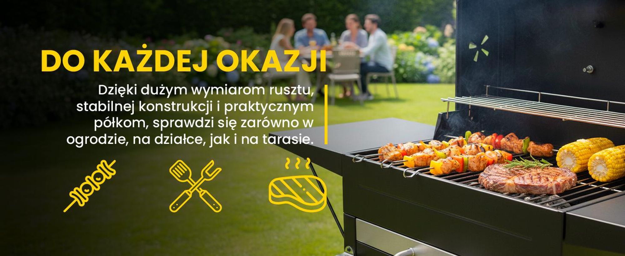 Duży grill węglowy z pokrywą, kominem i termometrem do ogrodu