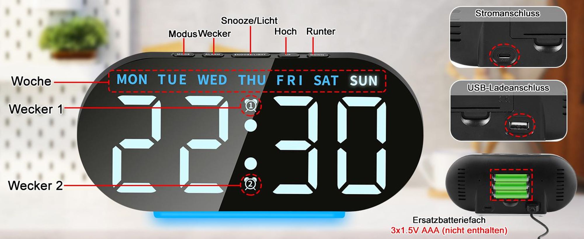 Digitaler Wecker, LED Wecker, Digitalwecker, Doppelwecker, Nachtlicht, Einstellbarer Helligkeit, USB oder Batteriebetrieb