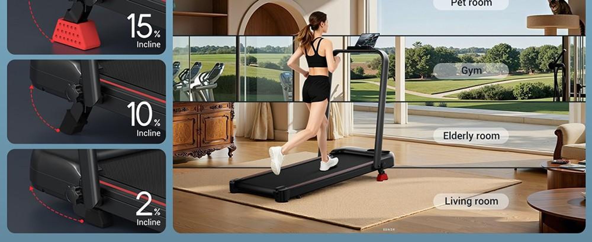 ROBORE U18F Skladací bežecký pás s 15 % sklonom – tichý motor s výkonom 2,5 HP, nosnosť až 136 kg, 3 manuálne nastavenia sklonu (2 %/10 %/15 %), kompaktné rozmery v zloženom stave