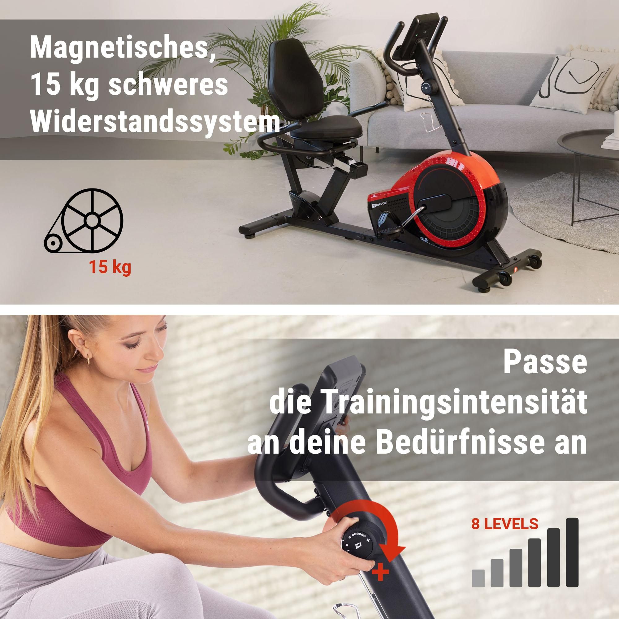 Hop-Sport Liegeergometer HS-060L - Liegeheimtrainer mit Handpulssensoren, 15 kg Schwungmasse, 8  Widerstandsstufen - Sitzergometer für Senioren max. Benutzergewicht 130 kg rot