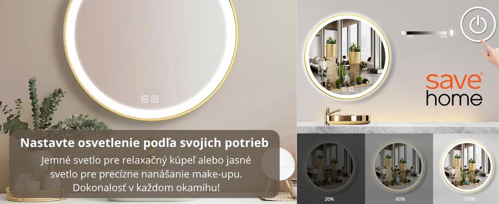 SAVE ®HOME LED okrúhle kúpeľňové zrkadlo - 60 cm - ILUMINOVANÉ - ZLATÝ RÁM - 3 FARBY SVETLA - STÍMITEĽNÉ - BEZ PARAMETRA - DOTYK - NÁSTENNÉ ZRKADLO
