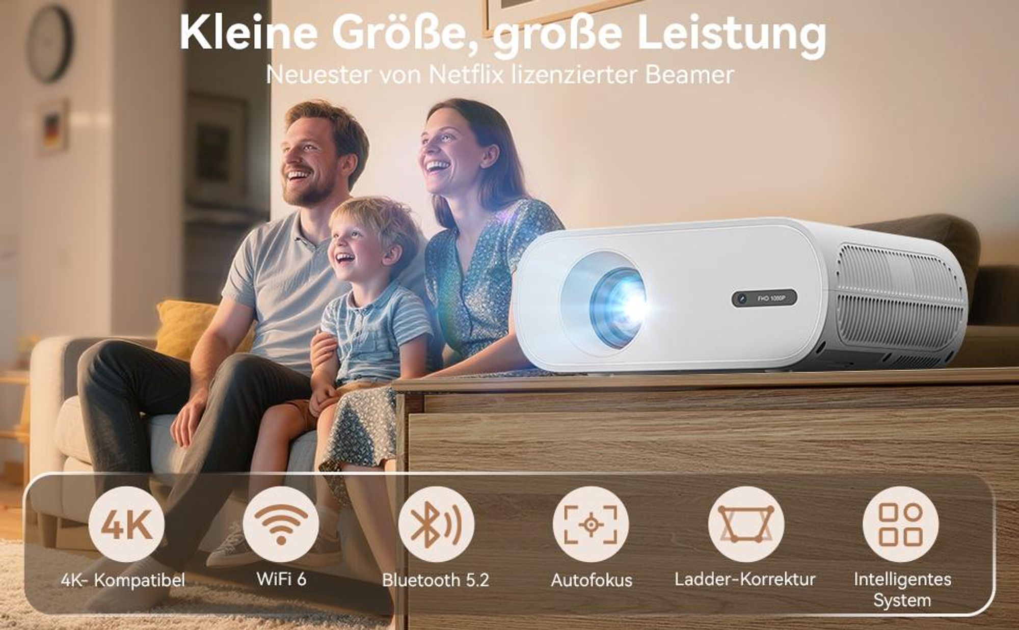 Beamer 4K Mit Netflix (Elektrischer Fokus) Beamer (20000 lm, 20000 : 1, 3840x2160, 1920x1080 px, Elektrische Fokussierung