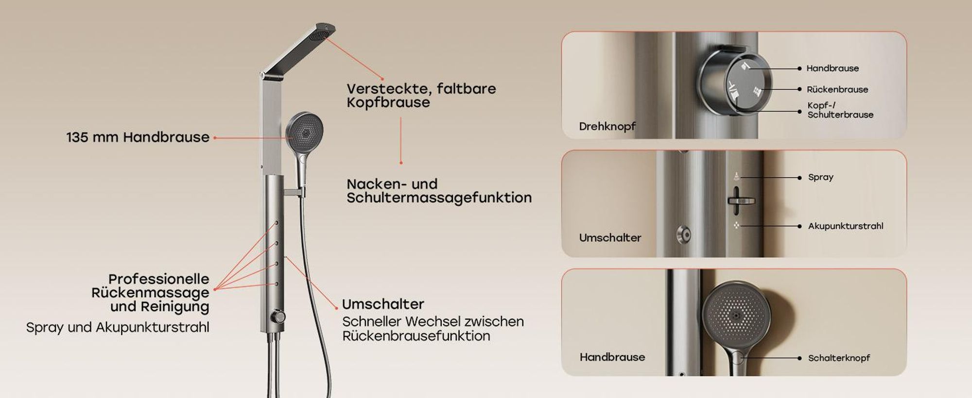 HOROW RainFlexi S1 Regendusche Set Massage ohne Armatur, Grau Duschpaneel mit Großem Duschkopf, Klappbares Duschsystem, Höhenverstellbares Duschset