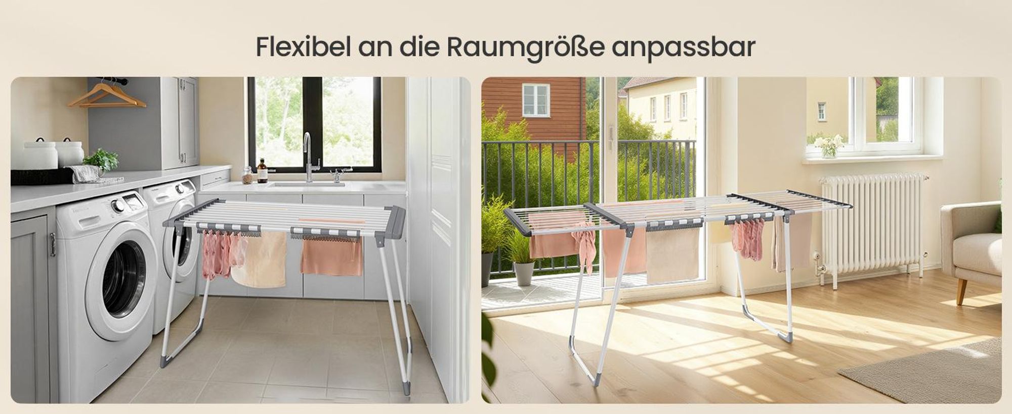 SONGMICS Wäscheständer, Standtrockner, ausziehbare Flügel, 22 m Trockenfläche, mit Sockenhalter, klappbar, weiß-grau