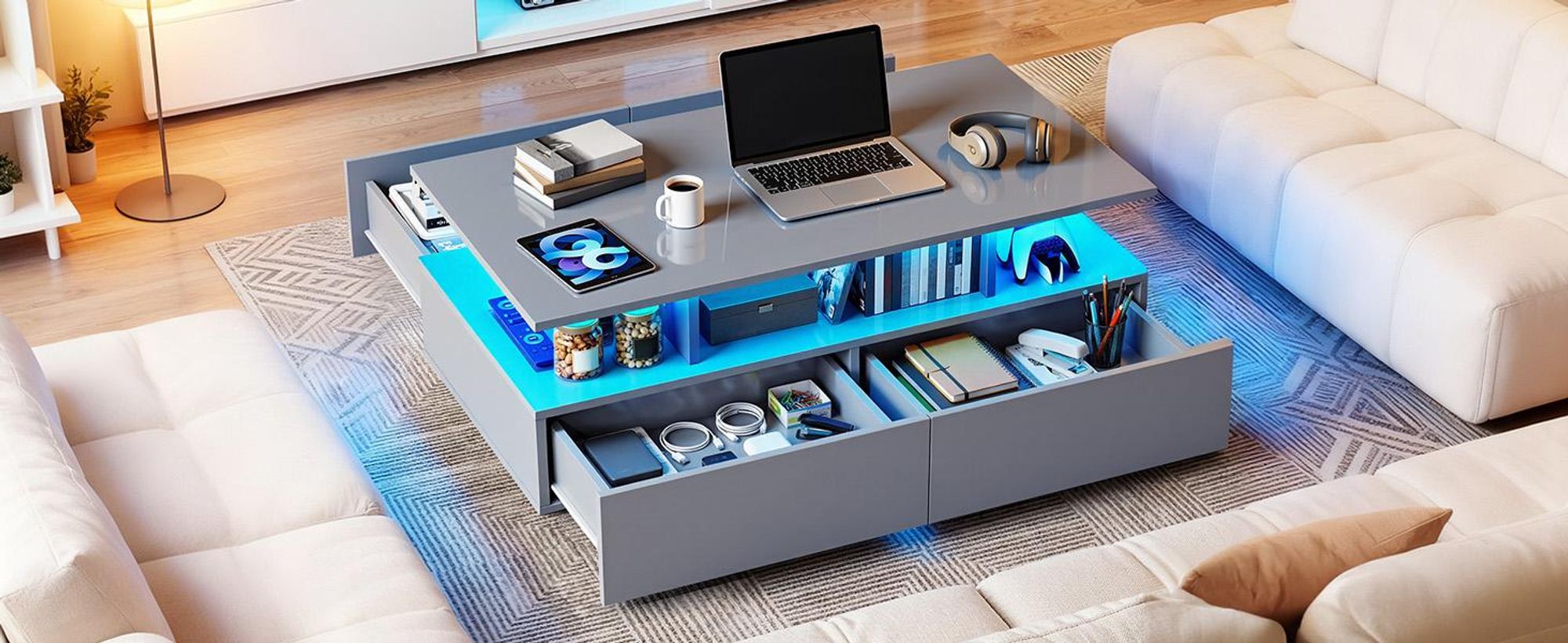 Couchtisch Wohnzimmertisch, Sofatisch mit 4 Schubladen und 16-Farben LED Beleuchtung, 95 × 55 × 41 cm, Grau