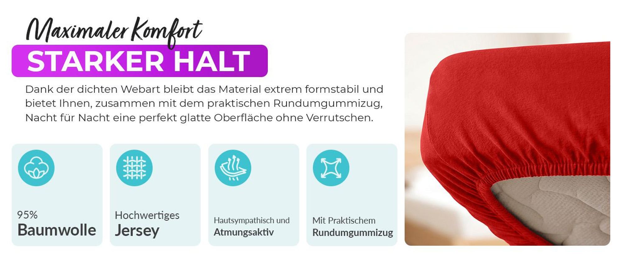 EllaTex Premium Spannbettlaken 200x220–220x240 Baumwolle-Elasthan 200 g/m² – Spannbetttuch 40 cm Steg, Boxspringbett & Wasserbett XXL, Farbe: Rot