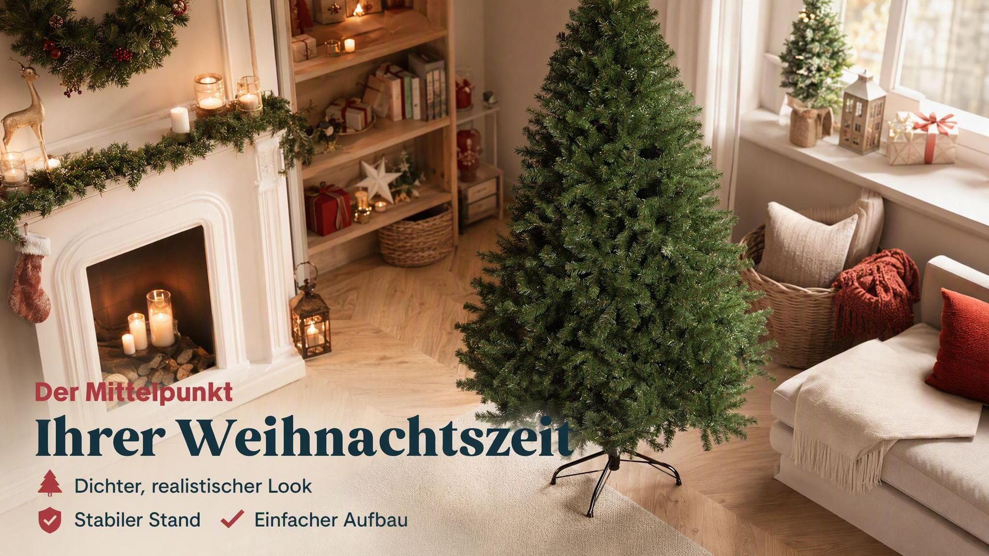 180 cm Künstlicher Weihnachtsbaum mit 1000 grünen Spitzen, Metallständer, Nordmanntanne, PVC Tannenbaum Naturgetreu Tannenbaum