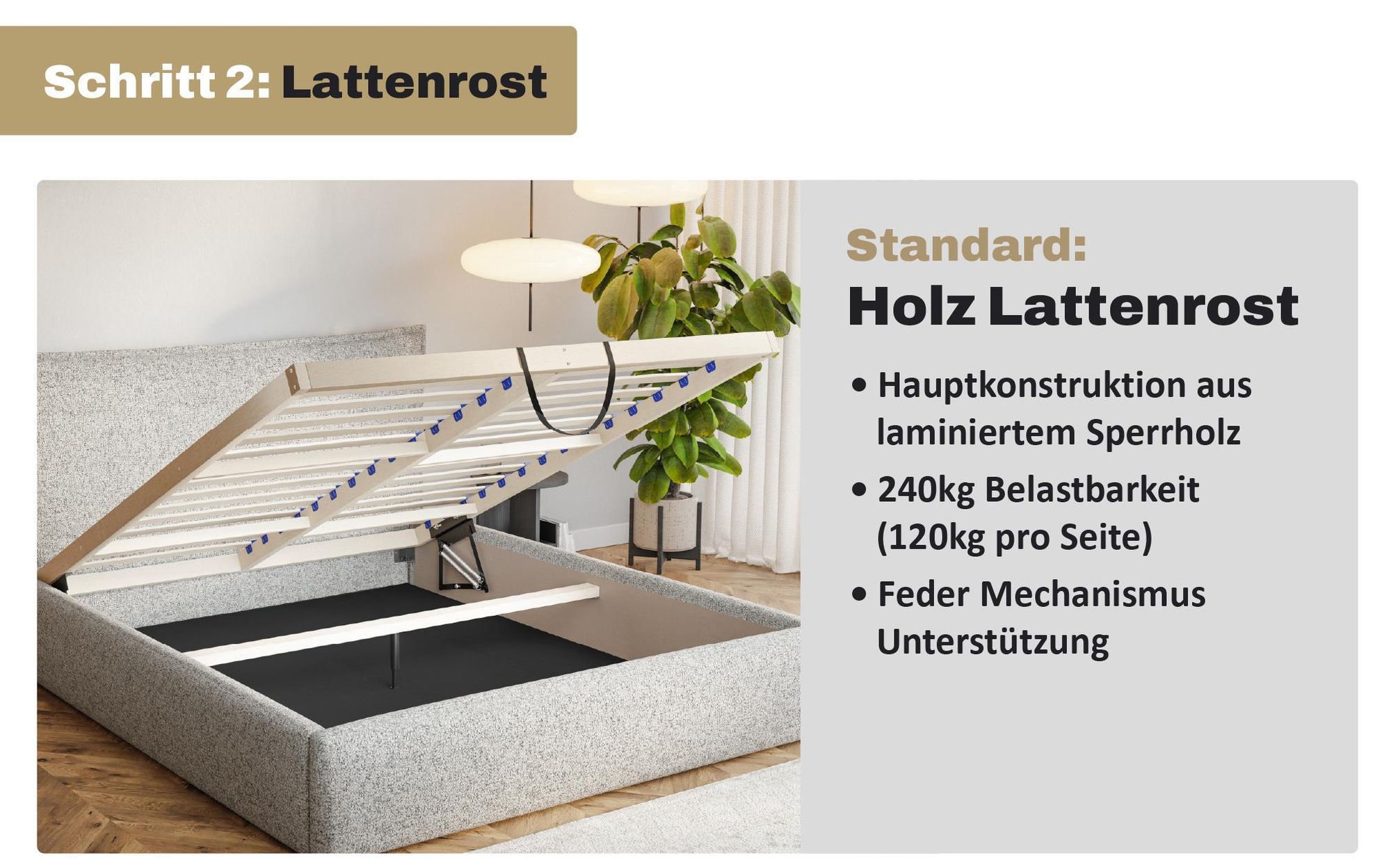 MOTIVENA Leno Polsterbett 120x200 mit Bettkasten, Holz Lattenrost, Bett 120x200 Beige Strukturstoff (Puente 06)