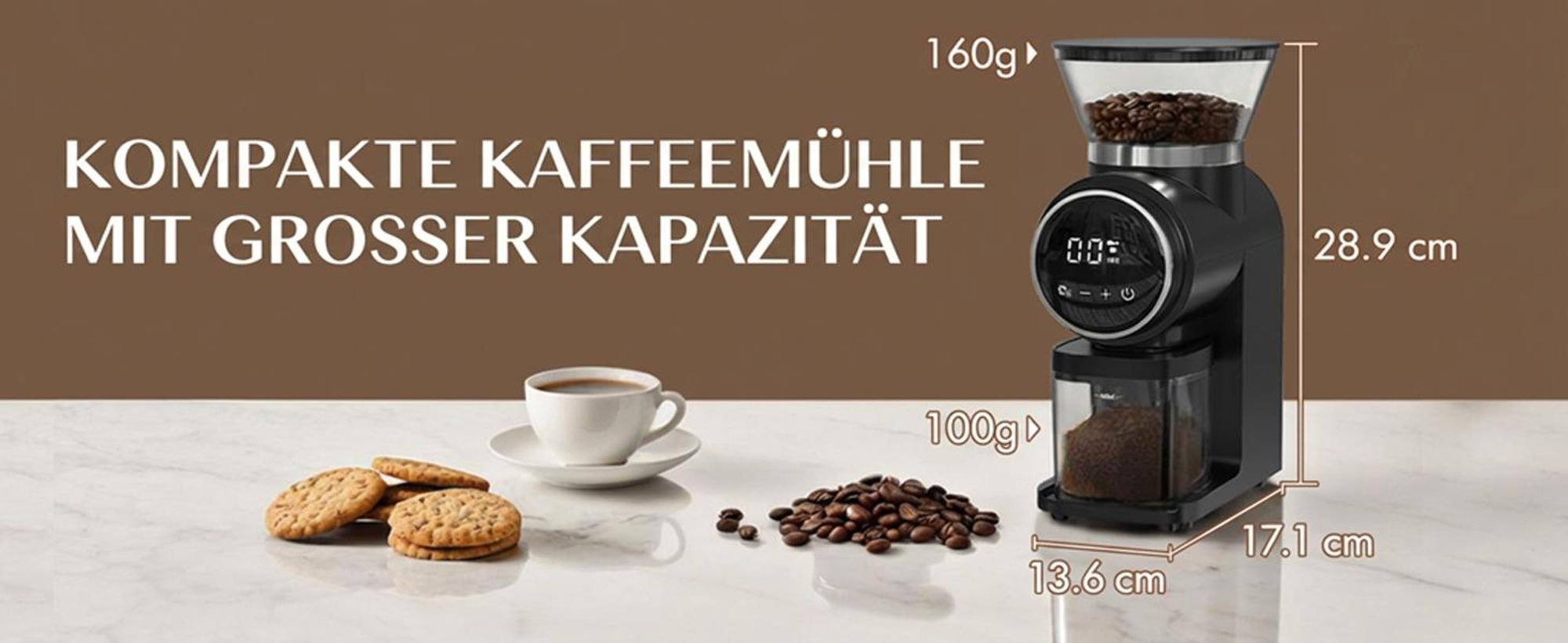 CHEFFANO Elektrische Kaffeemühle mit Kegelmahlwerk & 30 Mahlstufen, Touchscreen für bis zu 12 Tassen - Für Espresso, Filterkaffee, French Press