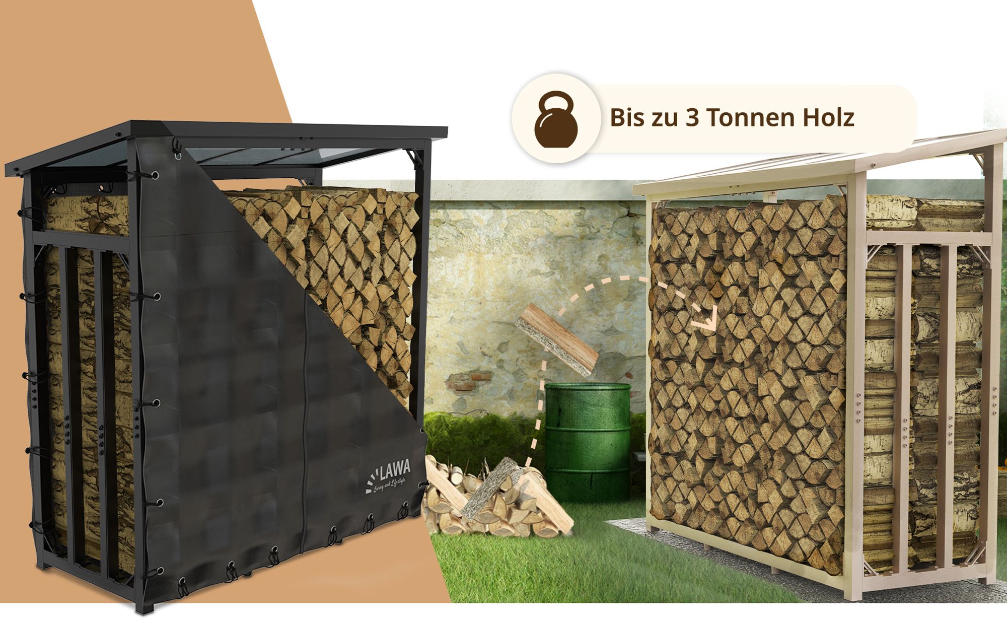 Kaminholzregale mit Dach im Garten