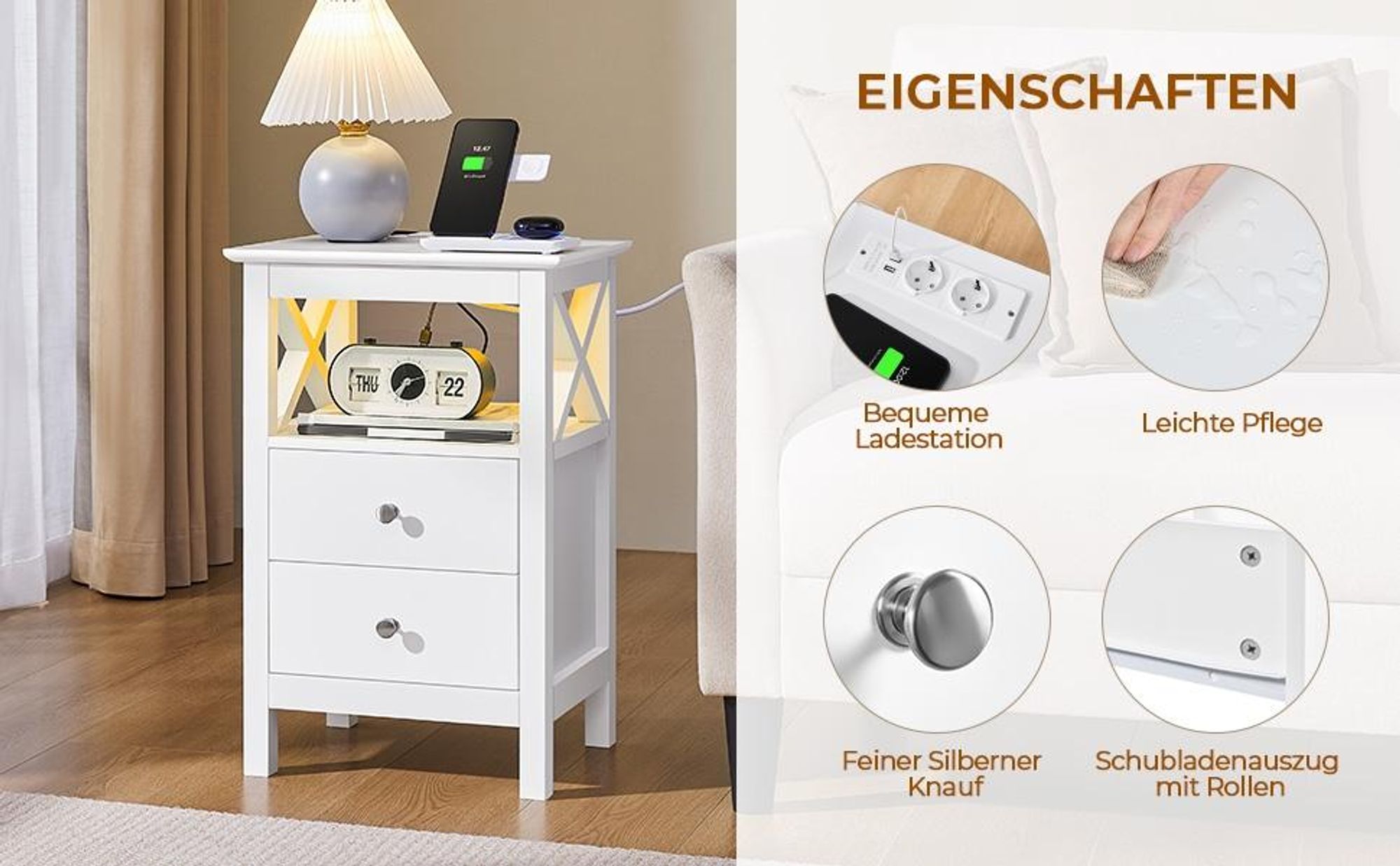 Yaheetech Nachttisch mit Steckdosen & einstellbarer LED, Nachtschrank Beistelltisch, Weiß