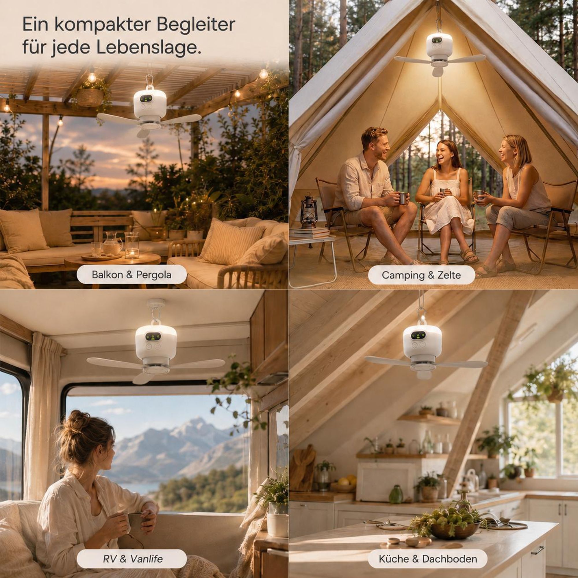 Ø27cm Mobiler Akku Deckenventilator mit Licht 8000mAh USB-C Ventilator 4 Stufen & Timer Tragbarer Zeltventilator für Camping RV Outdoor & Wohnmobil