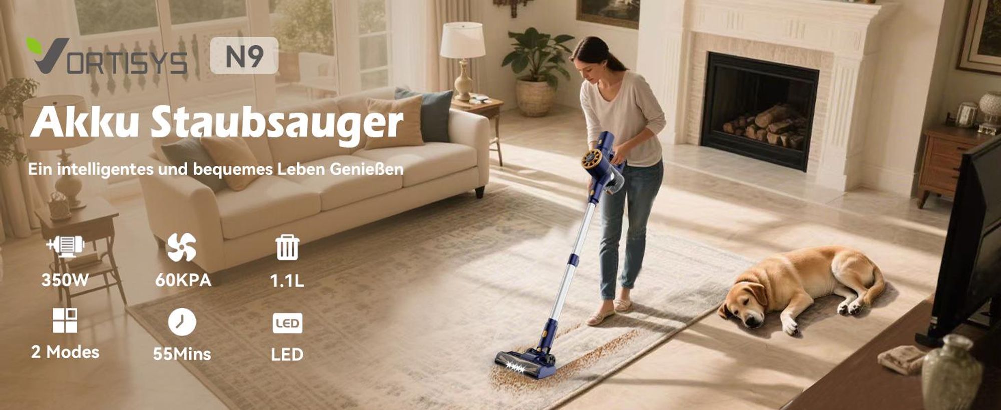 Akku Staubsauger 60000Pa, 350W Saugkraft, 55Min Laufzeit, LED Anzeige, HEPA Filtersystem, Teleskoprohr, ideal für Teppiche, Böden & Tierhaare