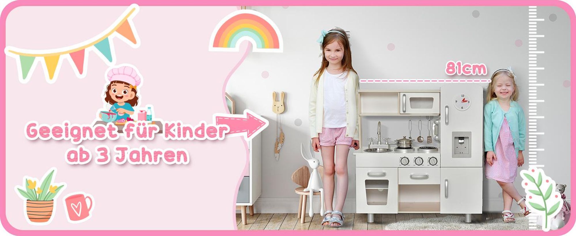 HOMCOM 2-in-1 Kinder Puppenhaus Kinderküche aus Holz mit Zubehör 3 Jahre+ MDF