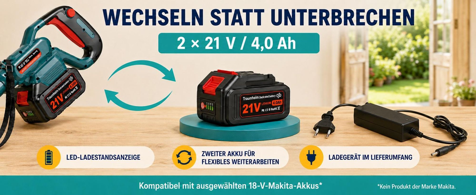 Akku Rasentrimmer mit 2× 4000mAh Akkus 21V, Bürstenloser Motor 750W Rasentrimmer mit Unkrautbürste, Freischneider Akku & Ladegerät - Blau