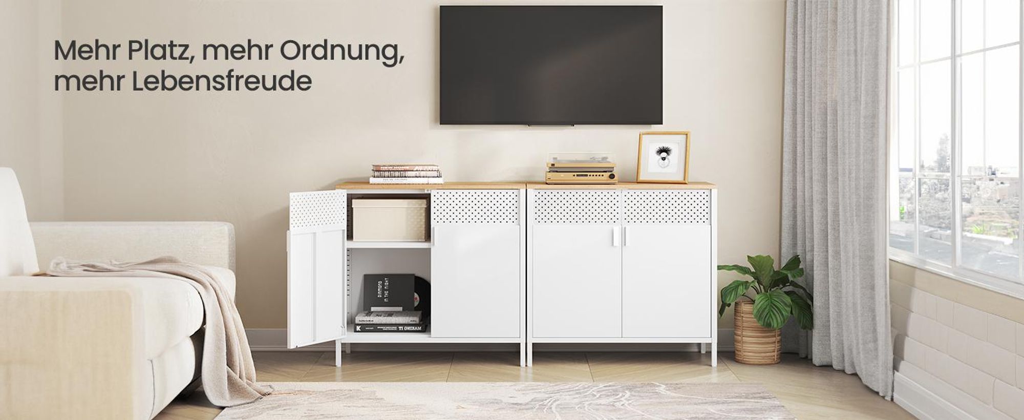 SONGMICS Aufbewahrungsschrank, Metallschrank, mit Doppeltür, Magnetverschluss, verstellbarer Einlegeboden, Stahlgestell, naturfarben-weiß CSL102W57