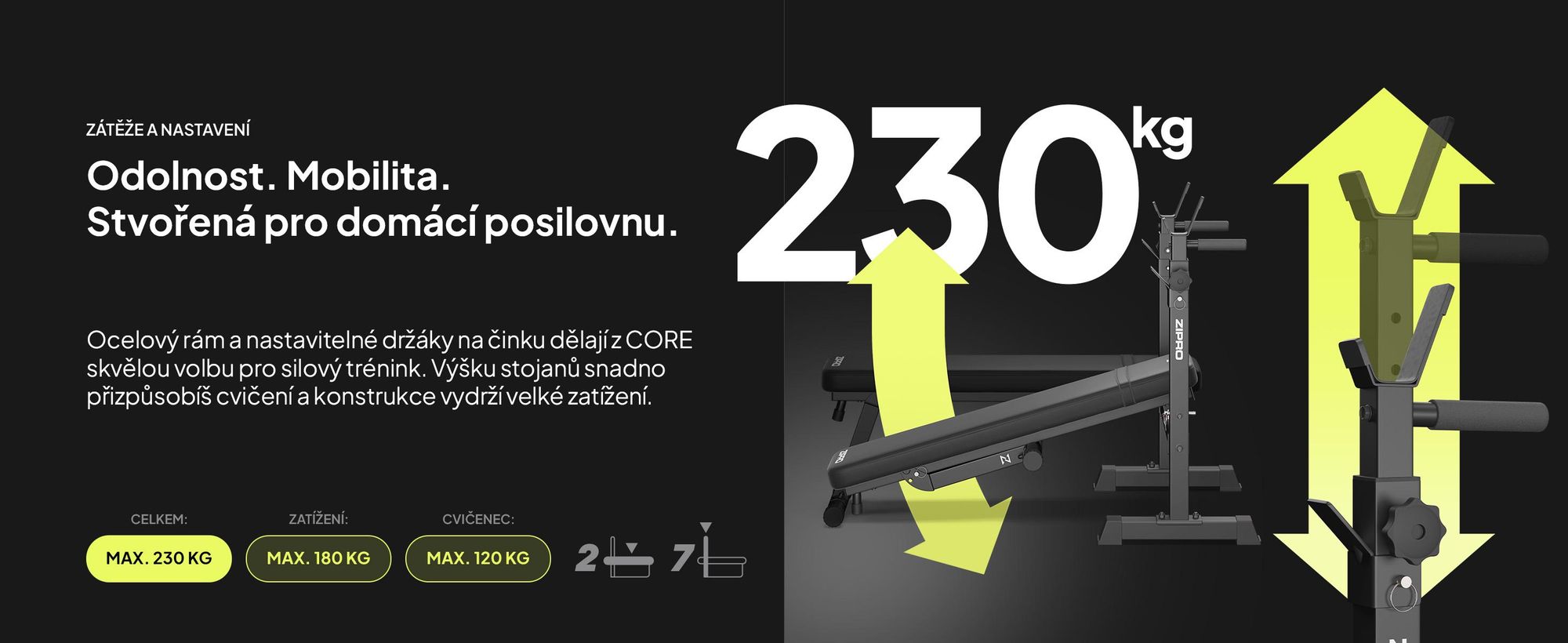 Zipro posilovací lavice s držákem na činky Core – skládací lavice pro bench press Plochá lavice s hrazdou pro dipy Nosnost až 230 kg Úspora místa