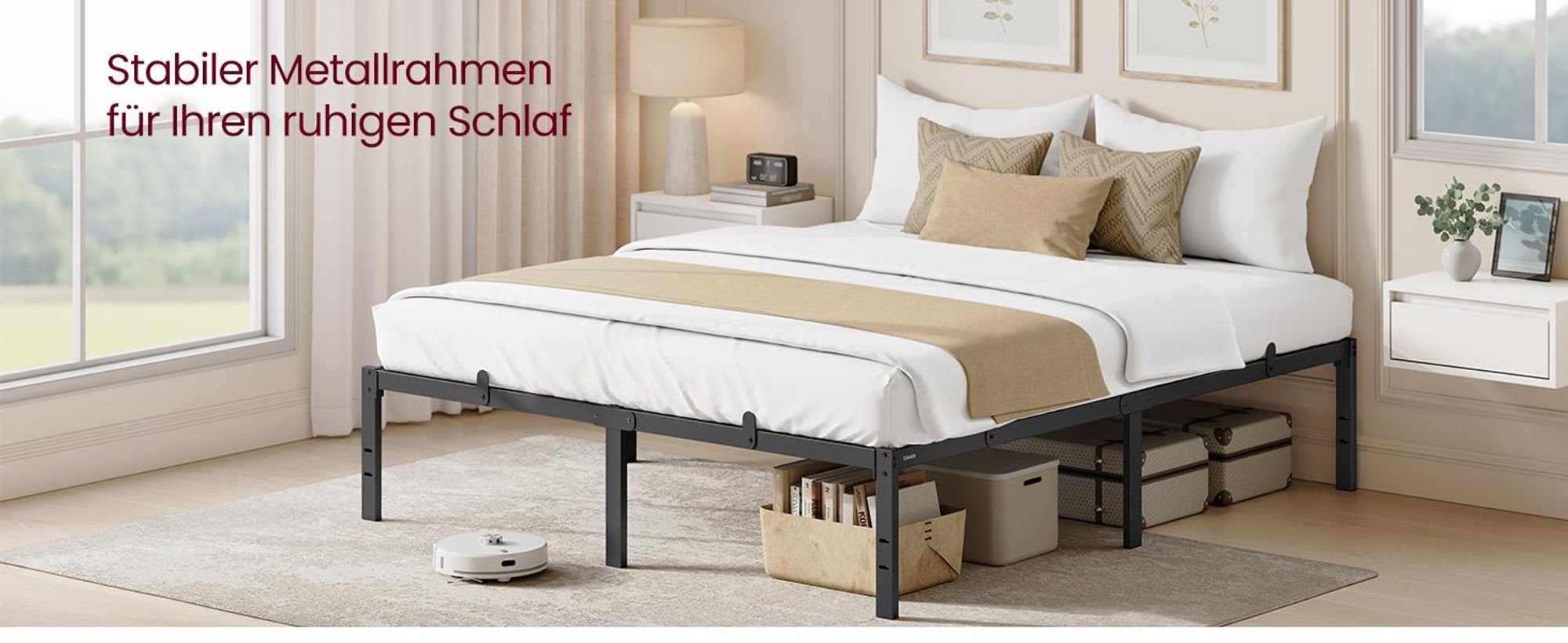 VASAGLE Doppelbettgestell, Bett, 160 x 200 cm, 40.6 cm H, Metallbett, Bettrahmen, Unterbettaufbewahrung, modern, Gästebett