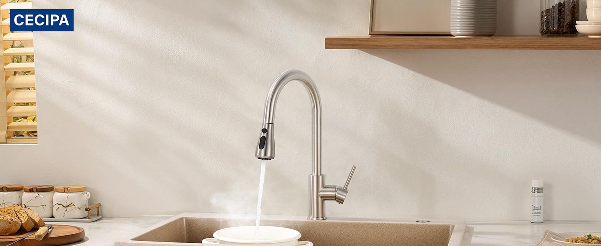 Niederdruck-küchenarmatur Edelstahl Gebürstet Ausziehbar, Wasserhahn Küche mit Schlauch 360° Drehbar, Spültischarmatur Cecipa MAX, DVGW