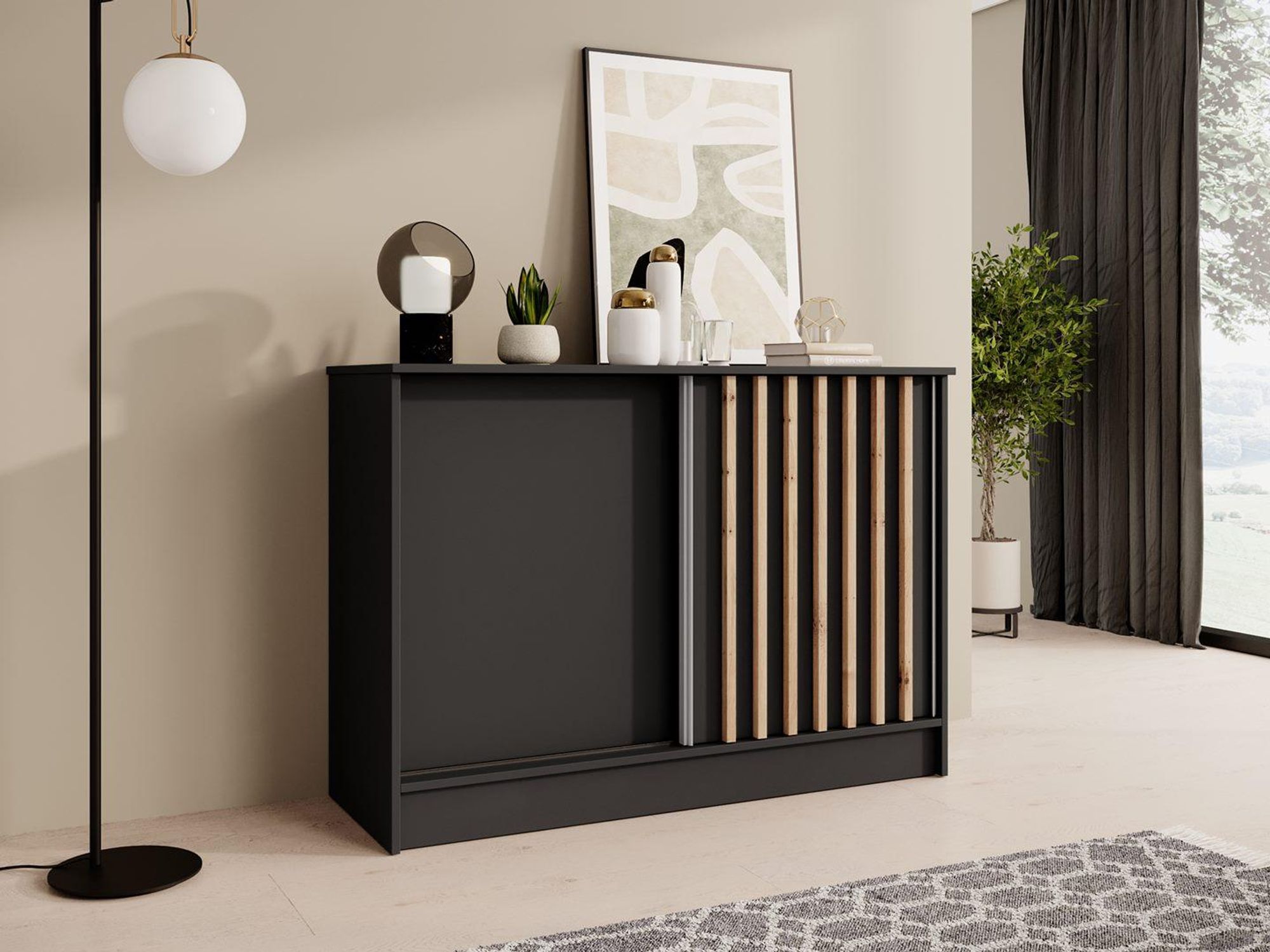 BEAUTYSOFA | Kommode HORIZON 120 cm Schwarz, Artisan mit Lamellen Sideboard mit 2 Schiebetüren, Modernes Design, viel Stauraum