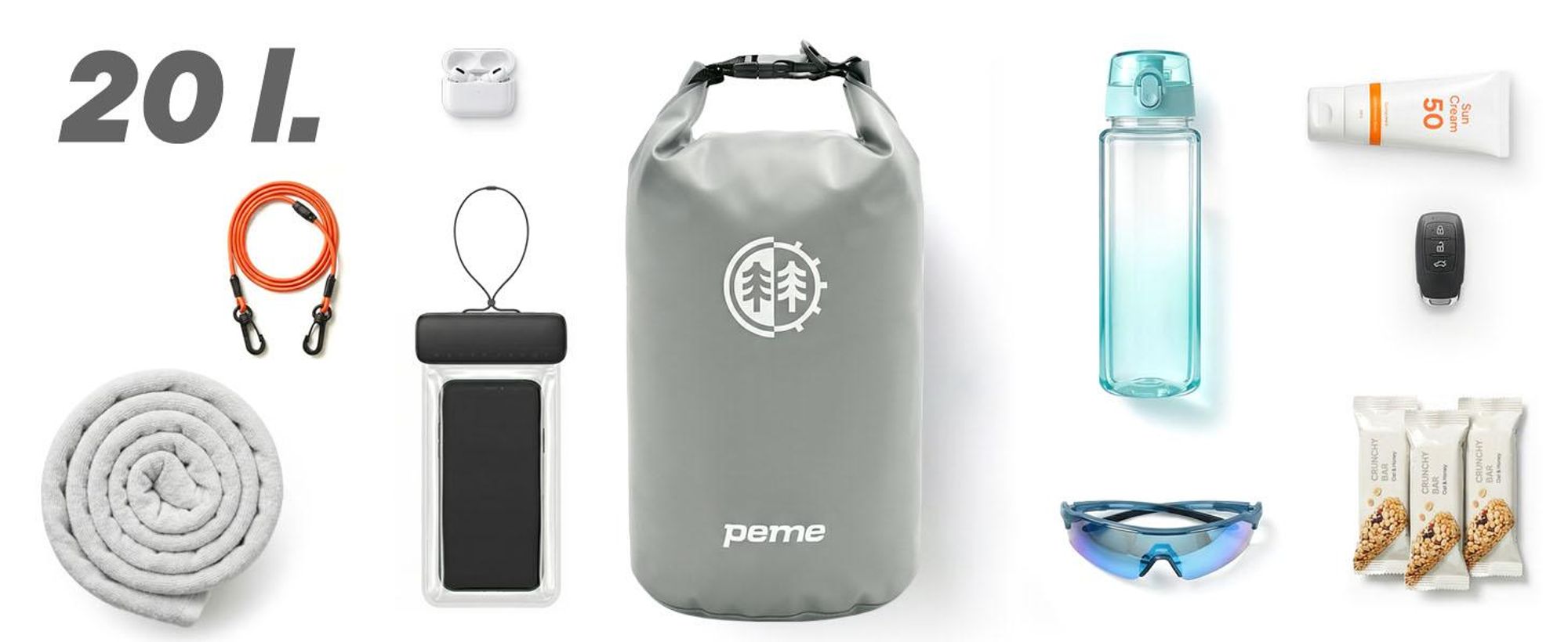 PEME Hydro Dry Bag 20L Wasserdichter Packsack Wasserdichte Tasche Wasser Rucksack für SUP Kajak Kanu Water Proof Bag Nassbeutel Schwimmbeutel Grau