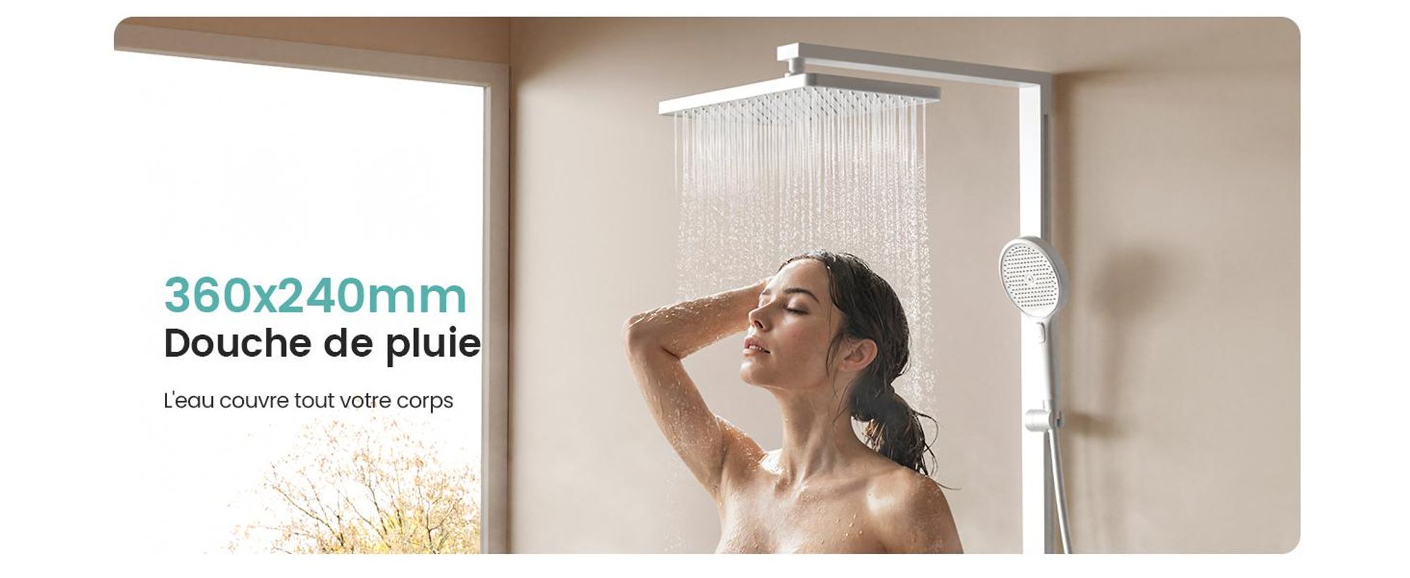 EMKE Système de douche avec thermostat, pommeau de douche à effet pluie 36x24cm, douche à effet pluie avec support en verre, douchette à main avec 4 jets, robinetterie de salle de bains & douche, blanc mat