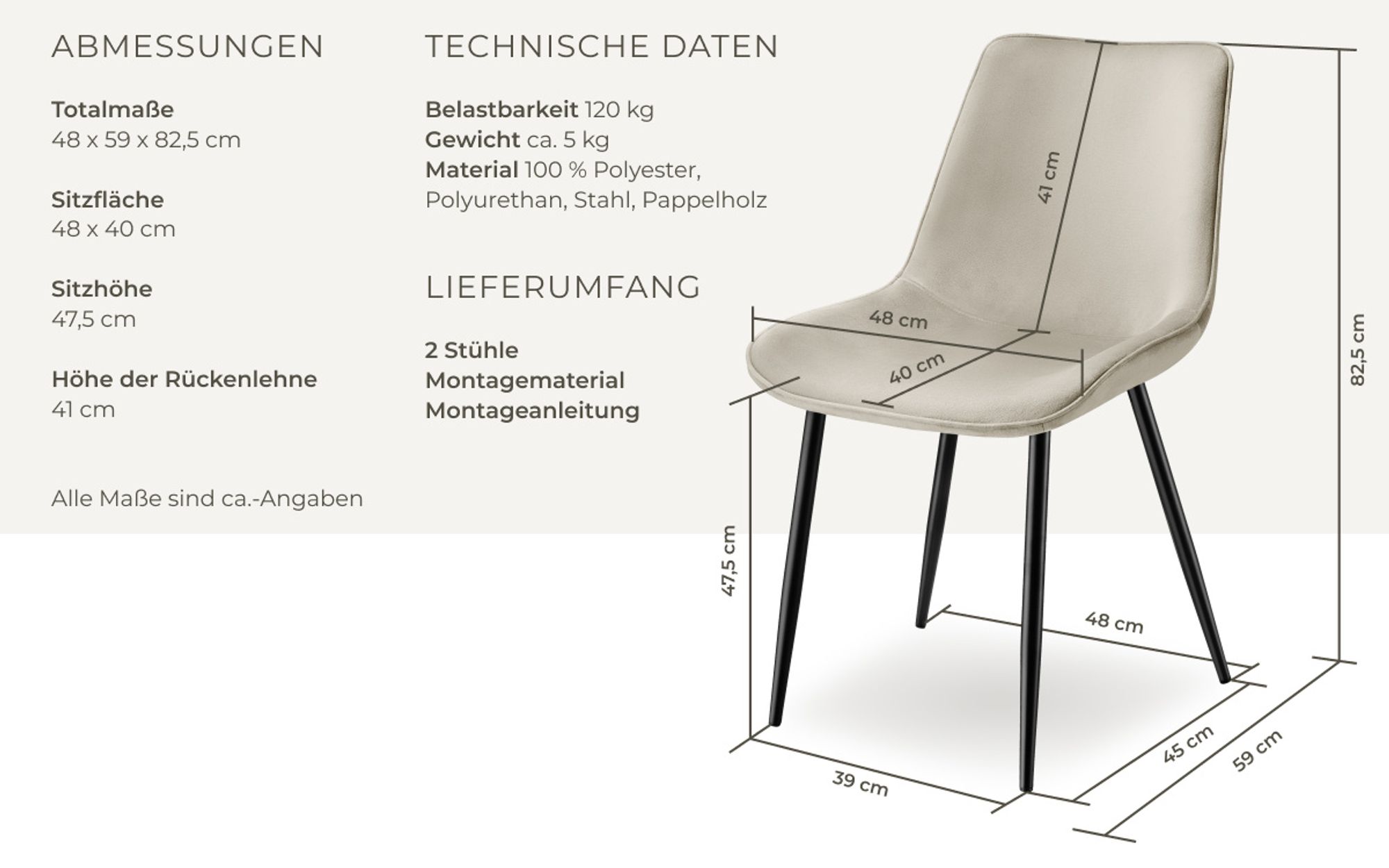 tectake® Set Stuhl Monroe gepolstert, in Samtoptik 48 x 59 x 82,5 cm