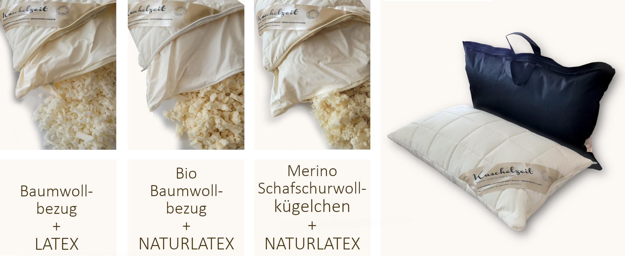 Naturlatex Flocken Kopfkissen Kuschelzeit in 40x80 cm - Nackenstützkissen mit individueller Höhenregulierung und kbA Bezug